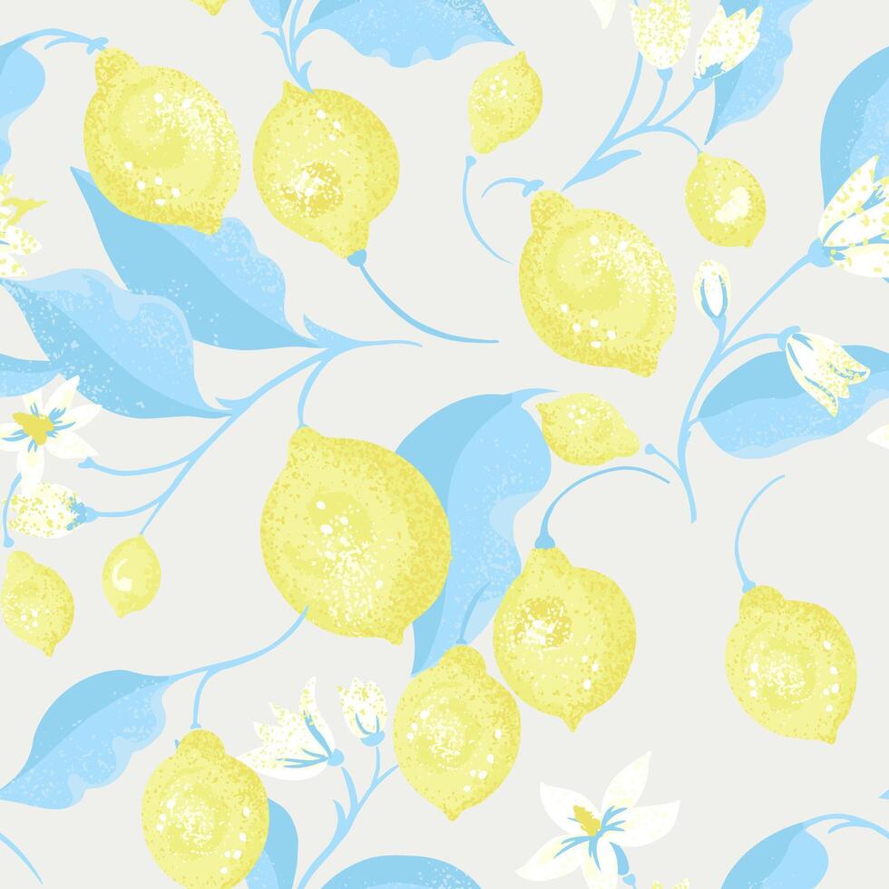 Pastel summer seamless pattern with lemons on branch and leaves. hand drawing. Abstract artistic blooming fruits illustration for printing. Ornament repeated for designs textiles kitchen vector