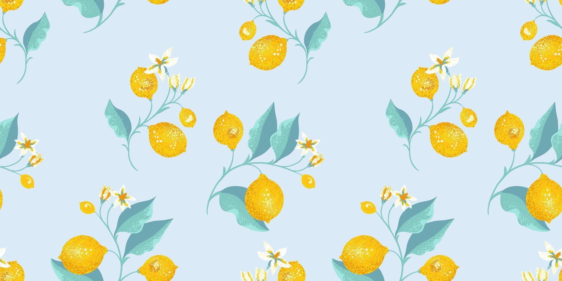 Blooming yellow lemons on branch with leaves scattered randomly on a seamless pattern. hand drawing illustration. Abstract artistic citrus fruit repeated printing on a blue background. vector