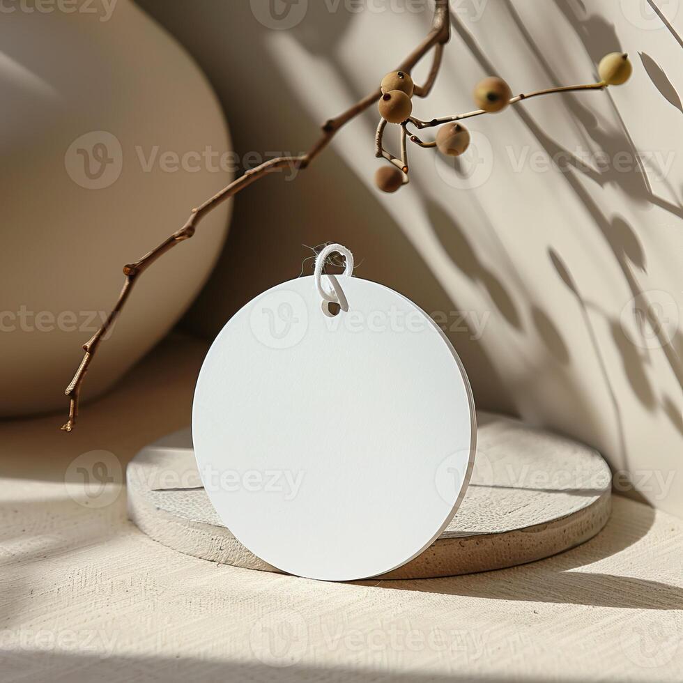 A round white tag with a hole for hanging on a string. The tag is sitting on a tan colored surface. There is a plant branch with green leaves and brown berries in the background. photo