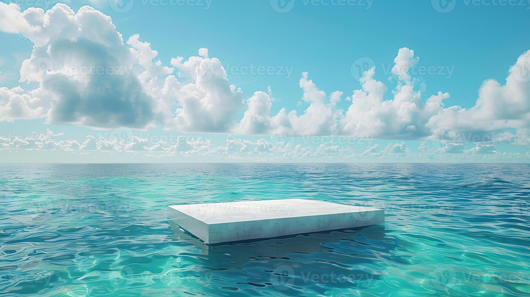 A white square platform floating on a wavy ocean with a blue sky and white clouds in the background. photo