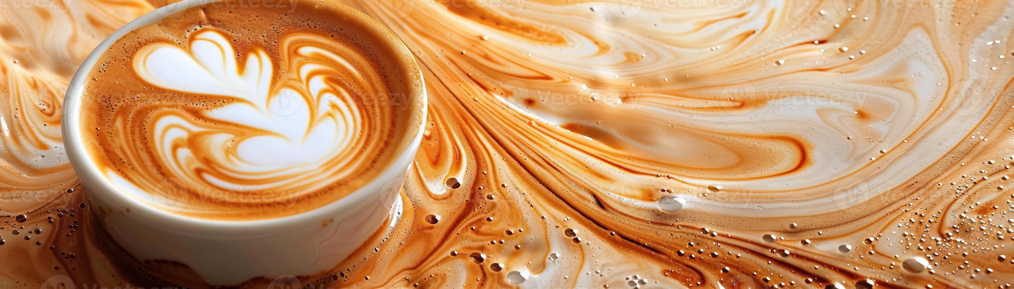 Cappuccino with a beautiful latte art in the middle and spilled coffee around it photo