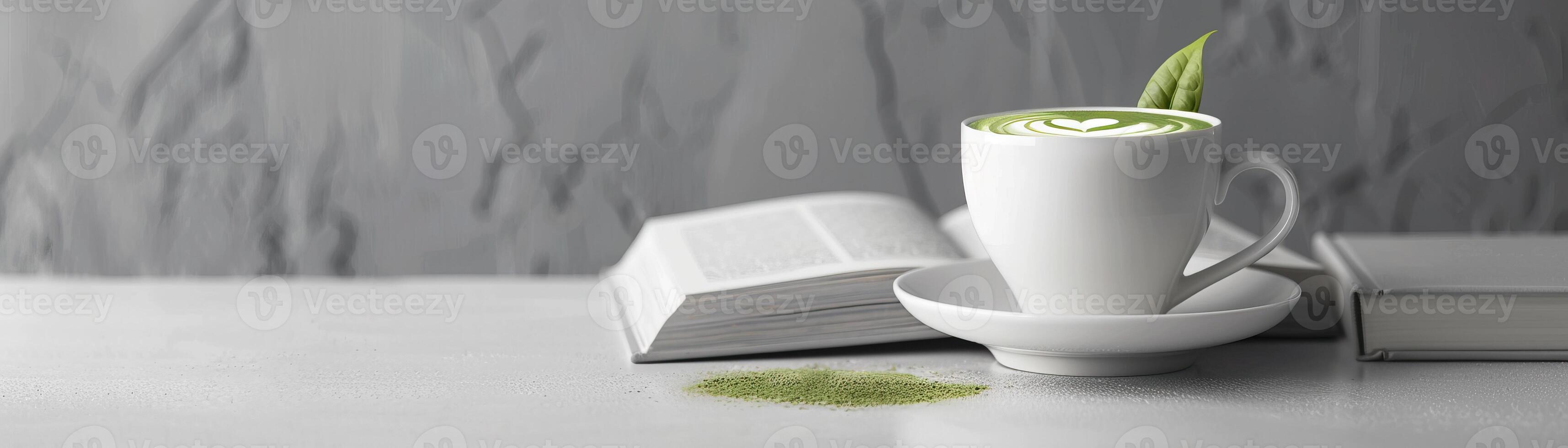 A cup of matcha green tea latte on a white table with a book. photo