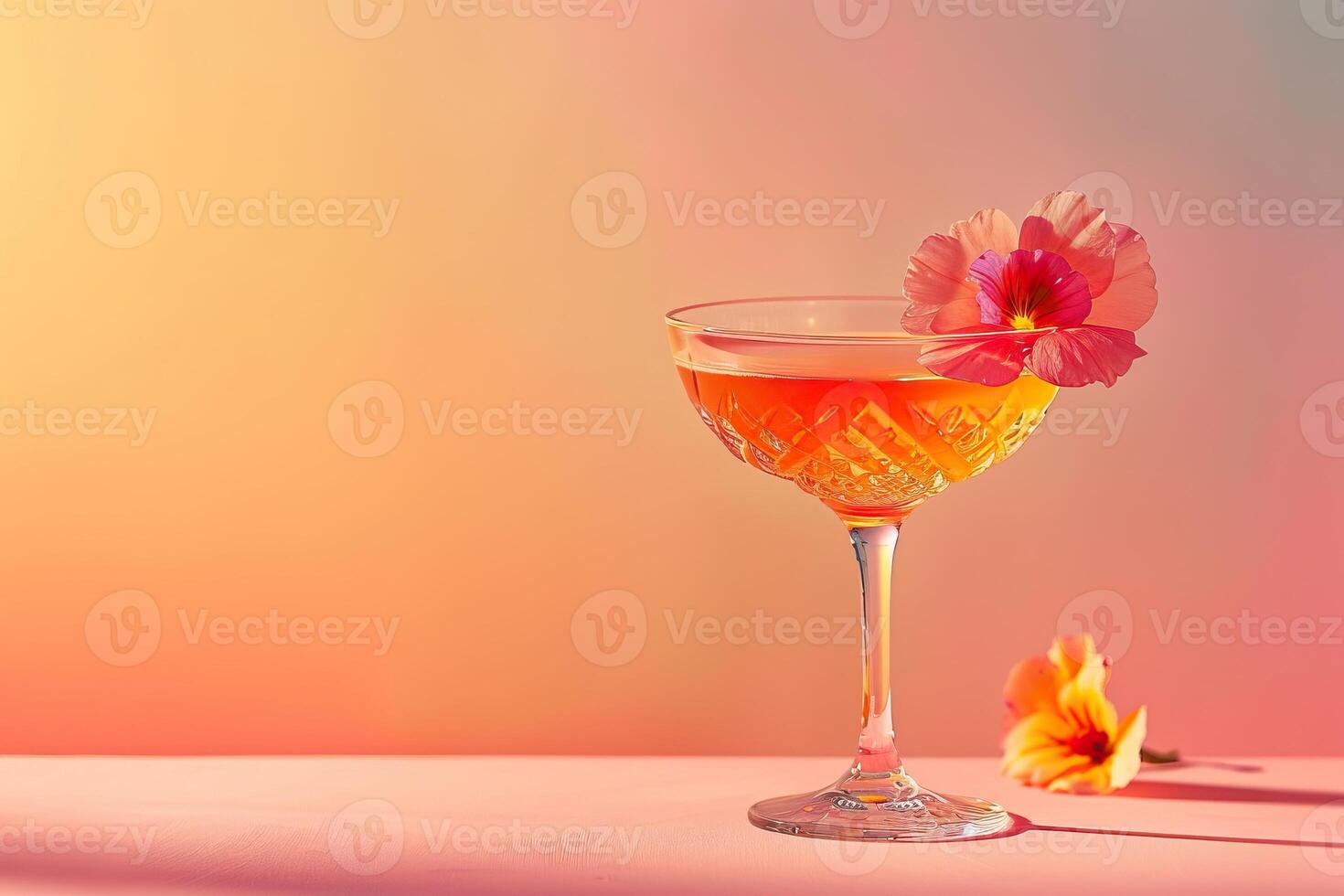 A beautiful cocktail with a flower on the rim of the glass, sitting on a pink table with a pink and orange background. photo