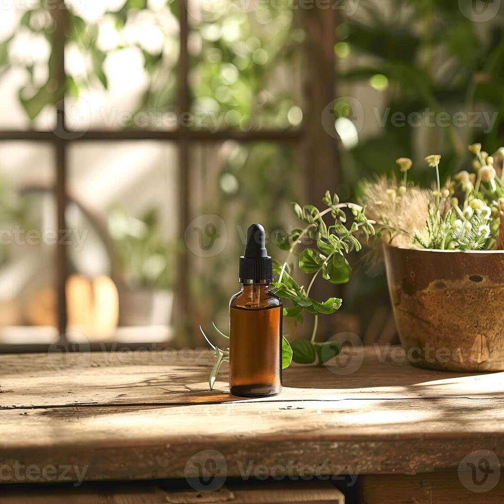 A dropper bottle of essential oil sits on a wooden table in front of a window. photo