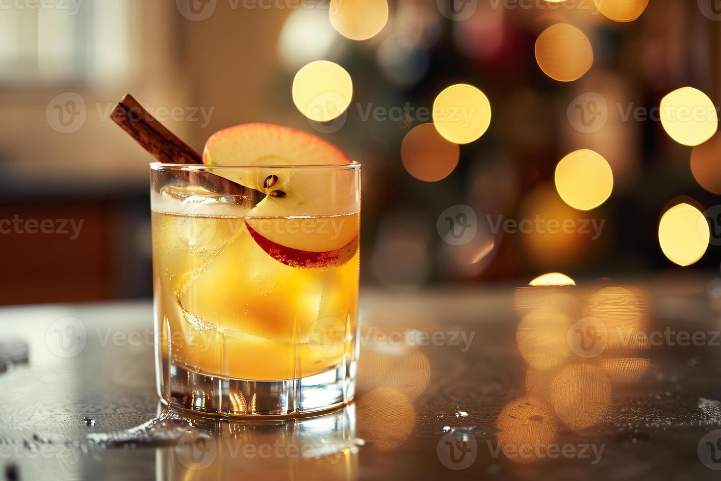 An old fashioned cocktail with apple slices and cinnamon stick on a bar photo