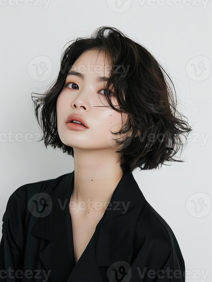 A beautiful young woman with short black hair and a soft smile. photo