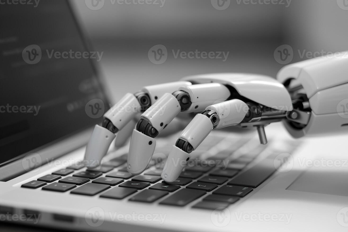 A black and white photo of a robot typing on a laptop.