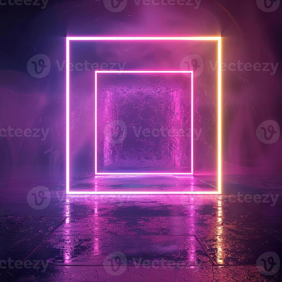 Pink and yellow neon glowing square tunnel with reflection on the wet floor. photo