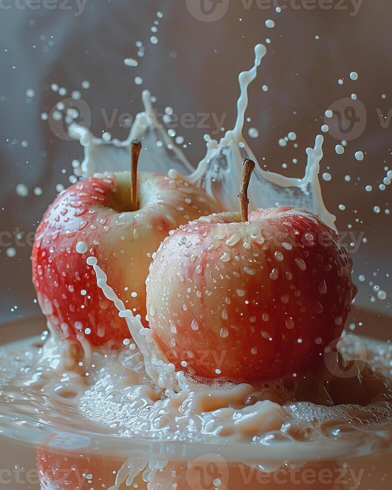 Two red apples with water splash on white background. photo