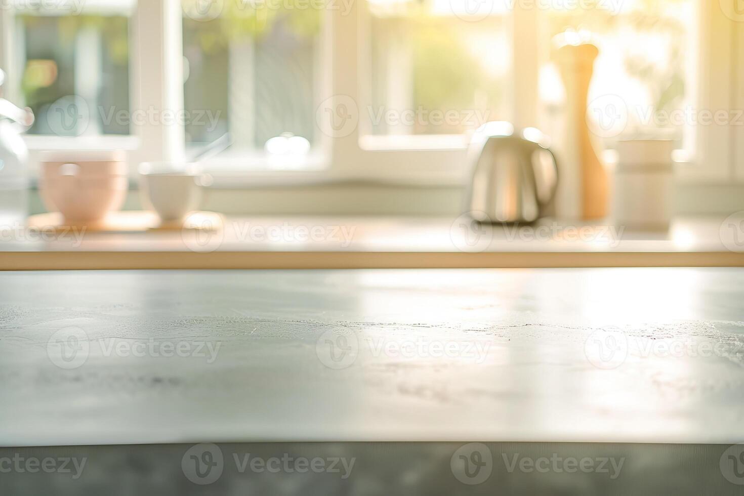 The warm sunlight shines through the window onto the wooden table, casting a soft glow over the room. photo