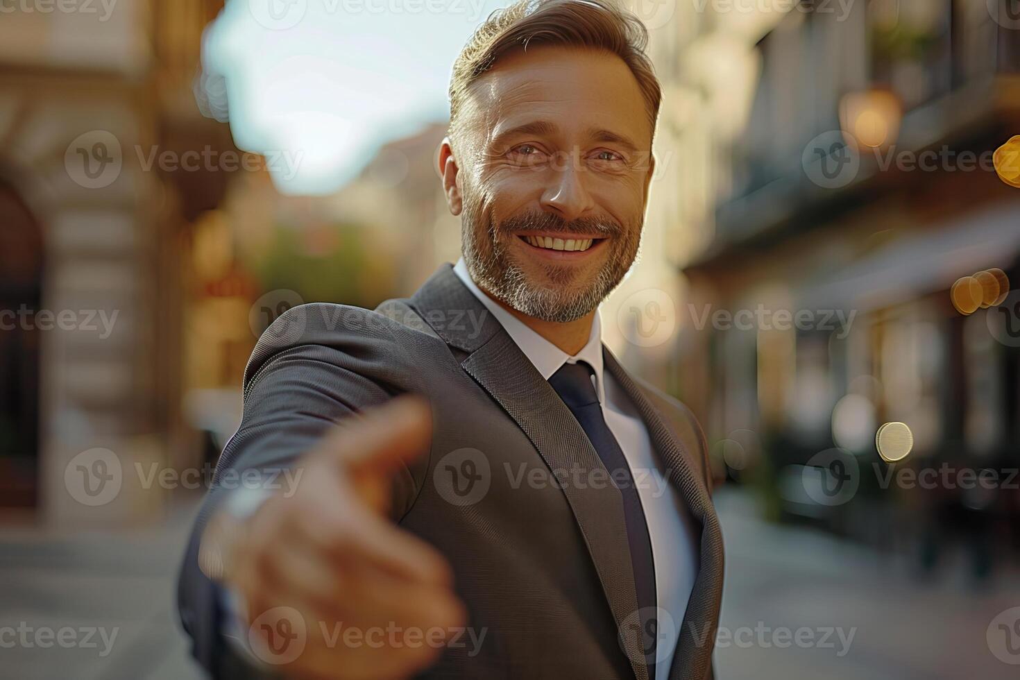 Confident businessman in suit and tie reaches out to shake hands. photo