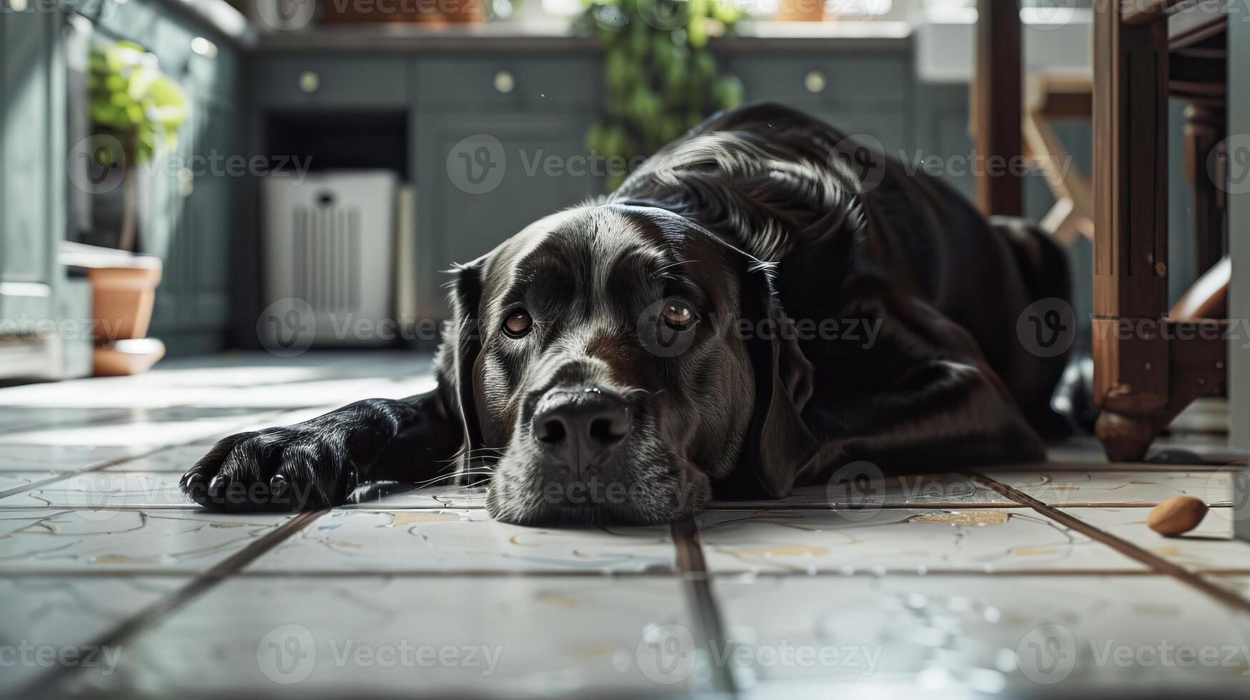 A black dog is lying on the floor, looking sad photo