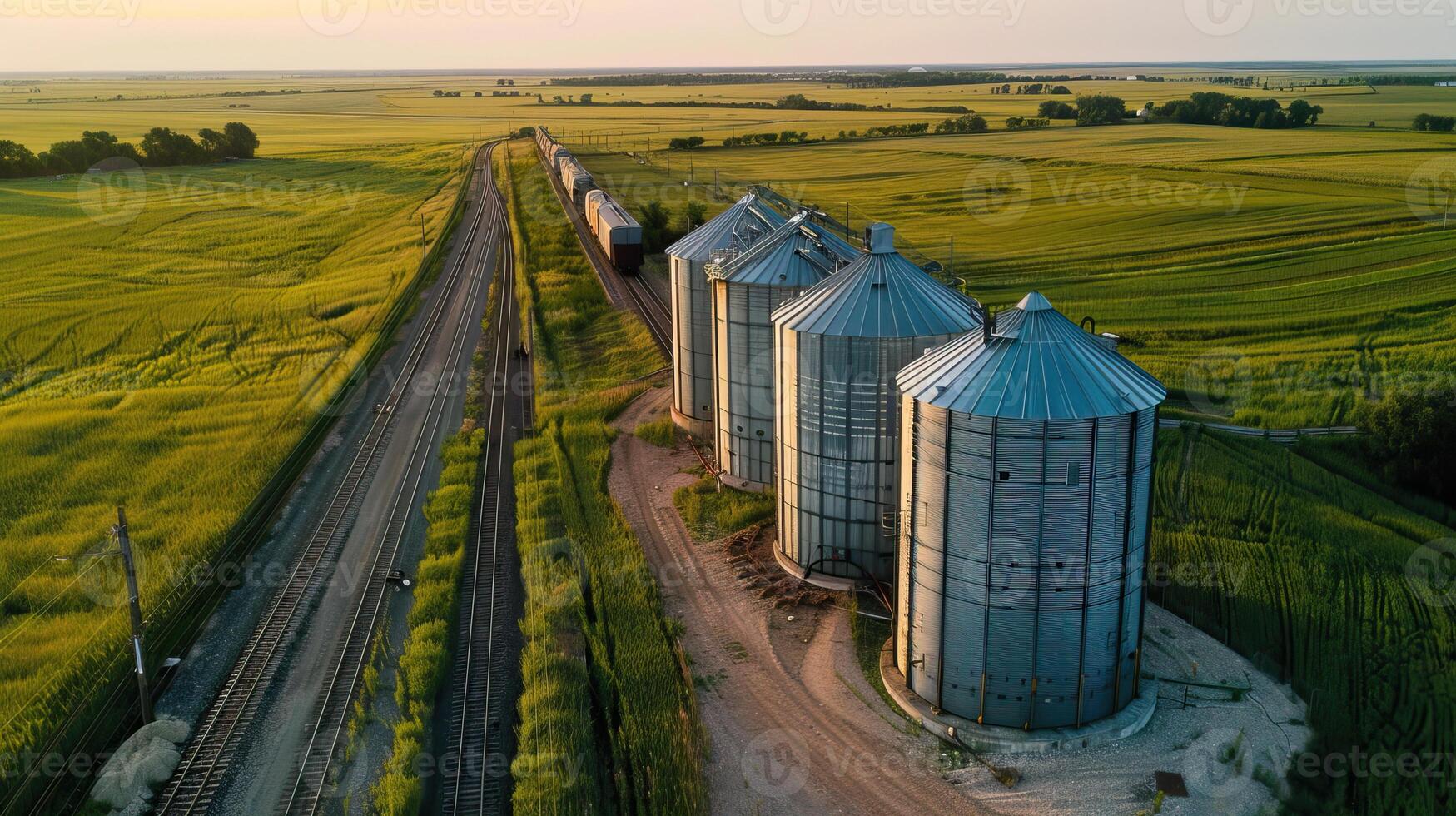 A railroad track runs through a rural area, passing by a group of grain silos. photo