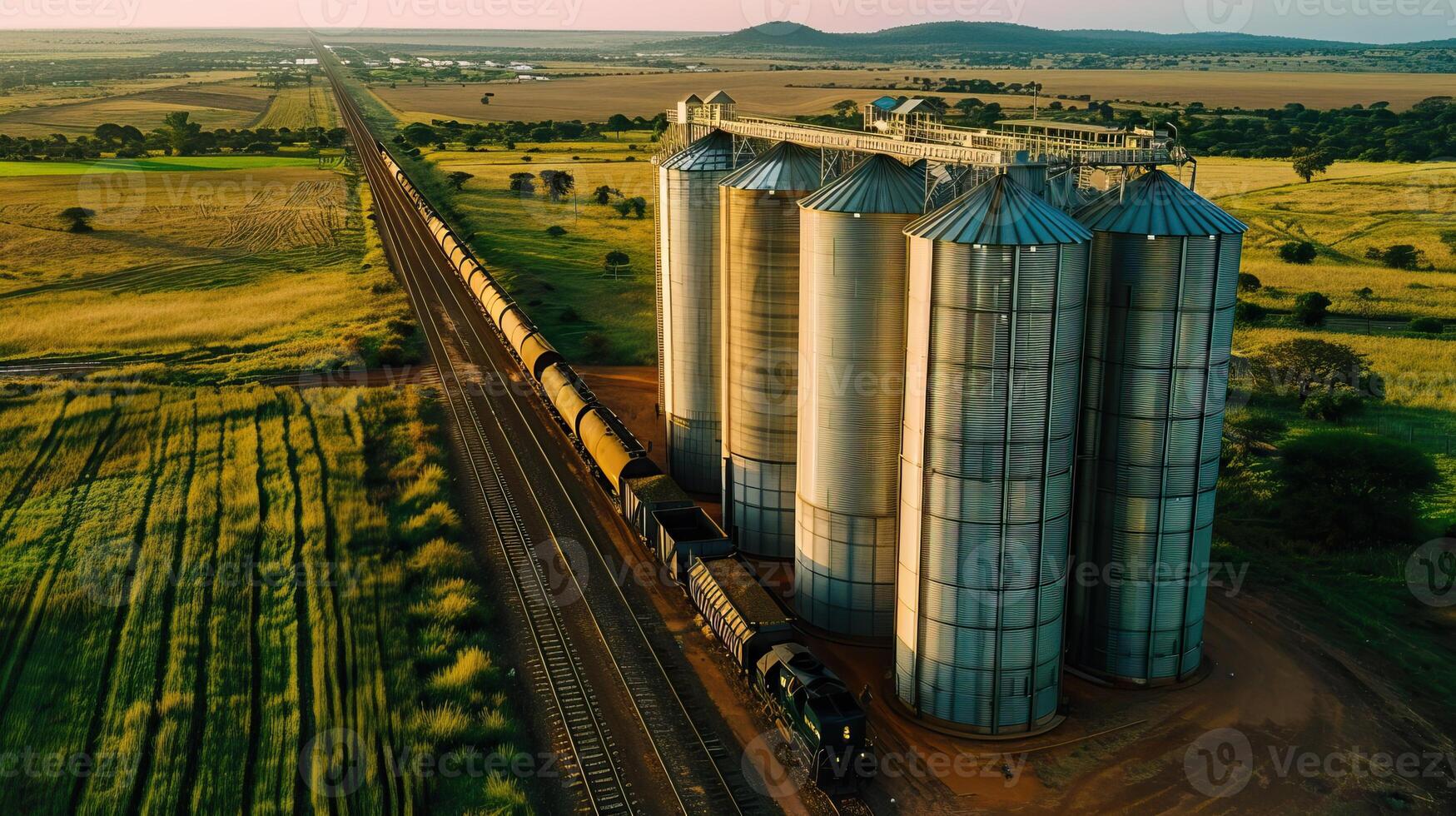 A train loaded with grainShi Guo Xiang Cun ,Pang Bian Shi Gao Song De Liang Cang . photo