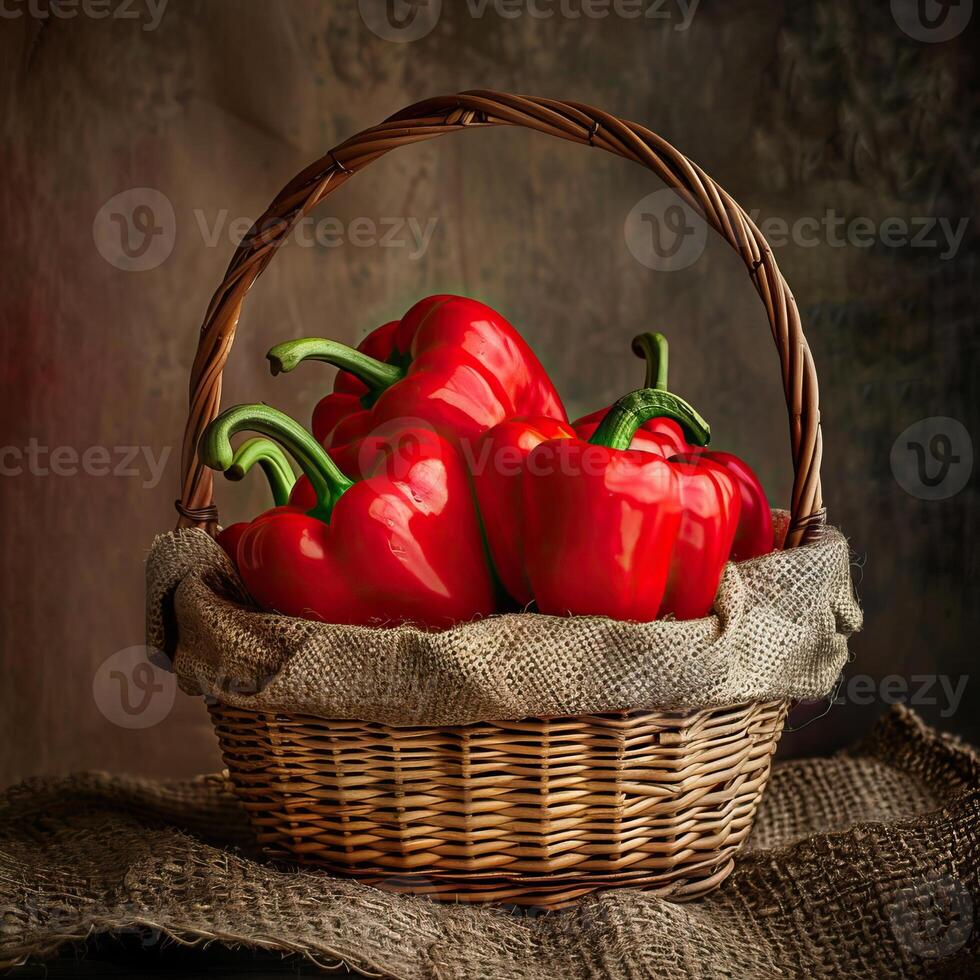 Red bell peppers in a basket on a wooden table. photo