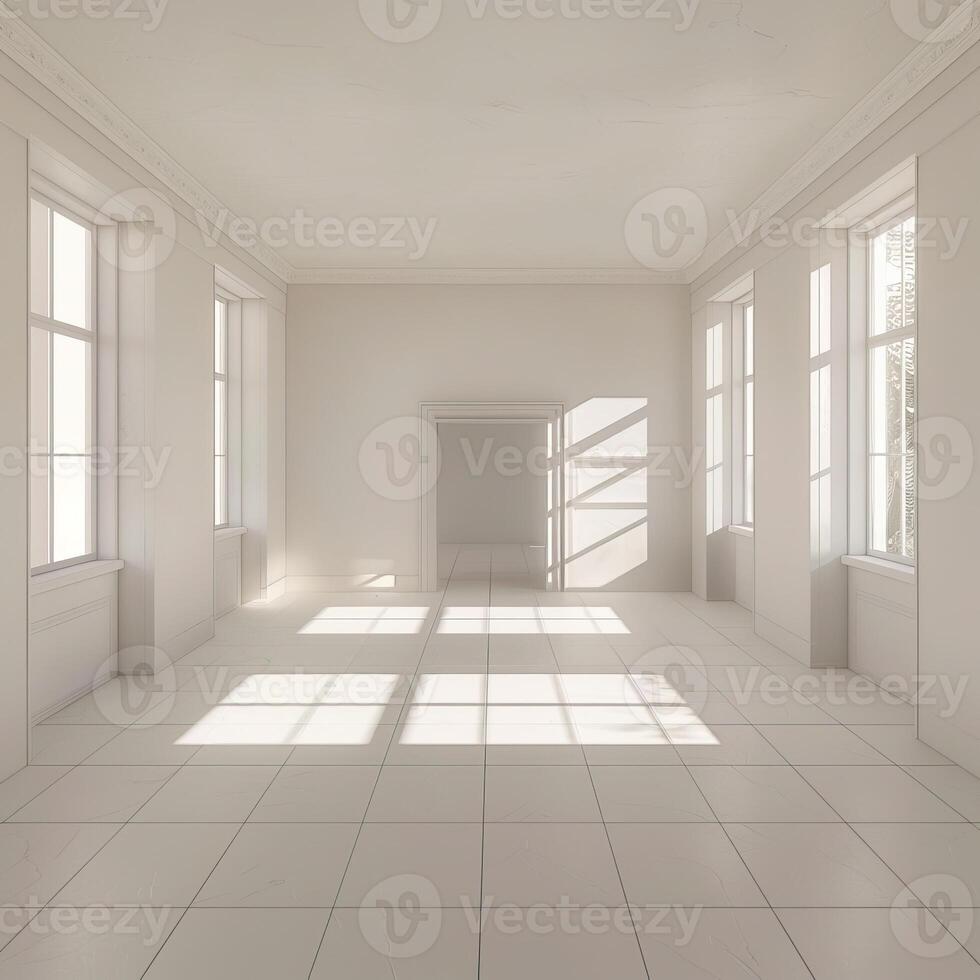 An empty room with white walls and large windows. photo
