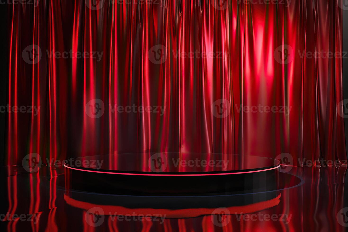 A stage with red curtains and a spotlight. photo