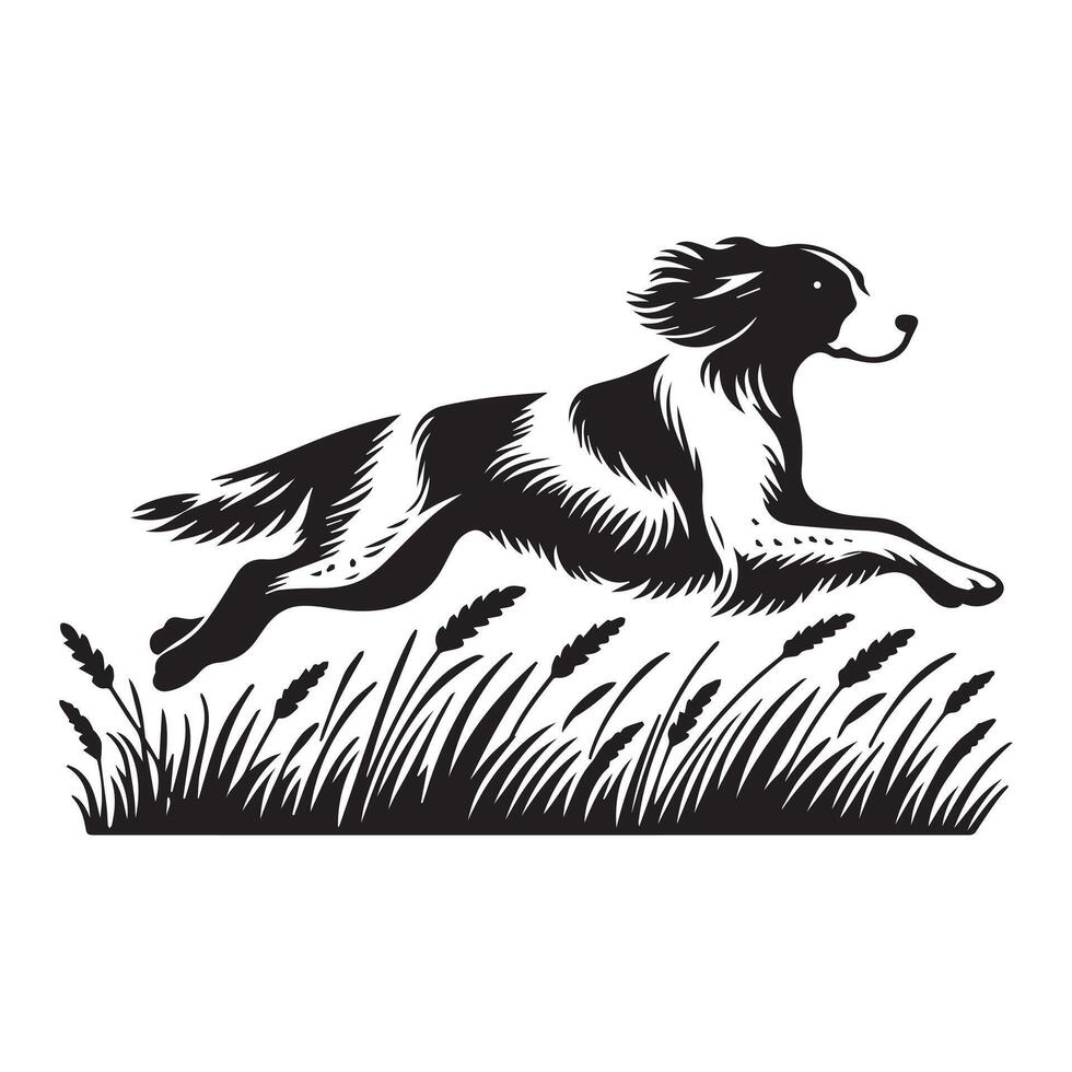Graceful Brittany Spaniel in Tall Grass illustration in black and white vector