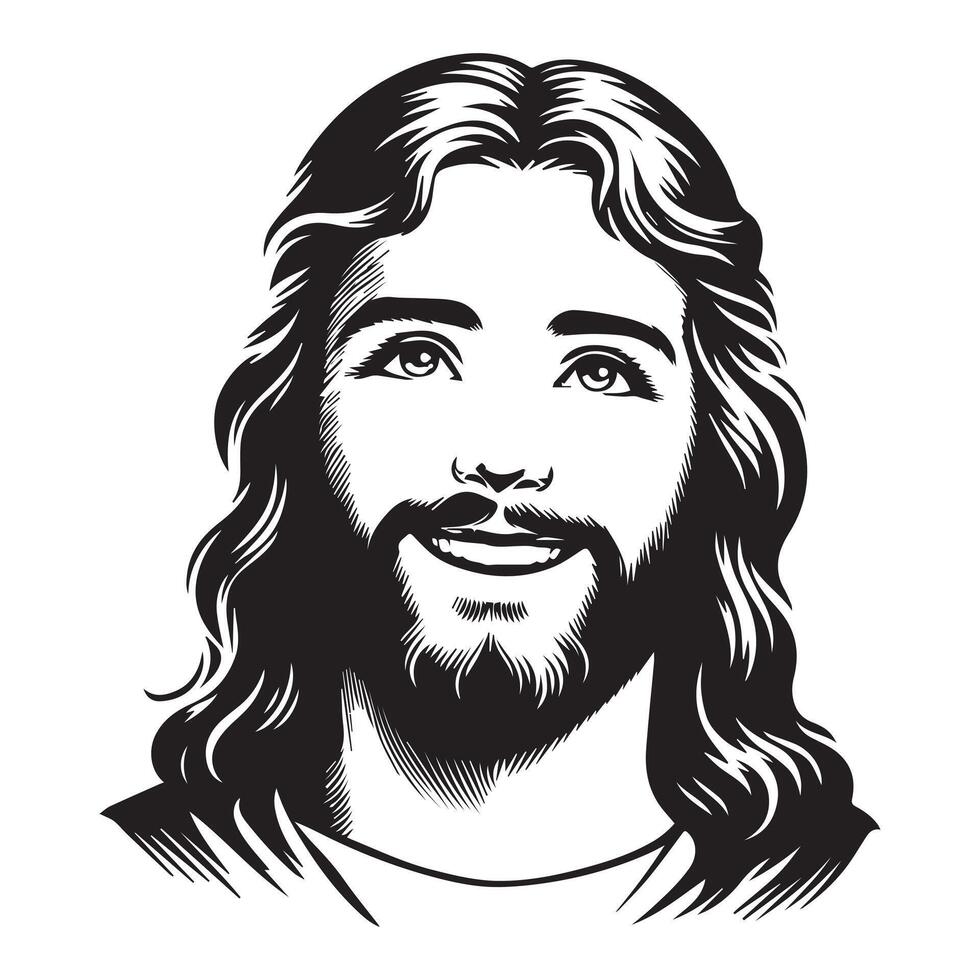 Jesus joyful face illustration in black and white vector