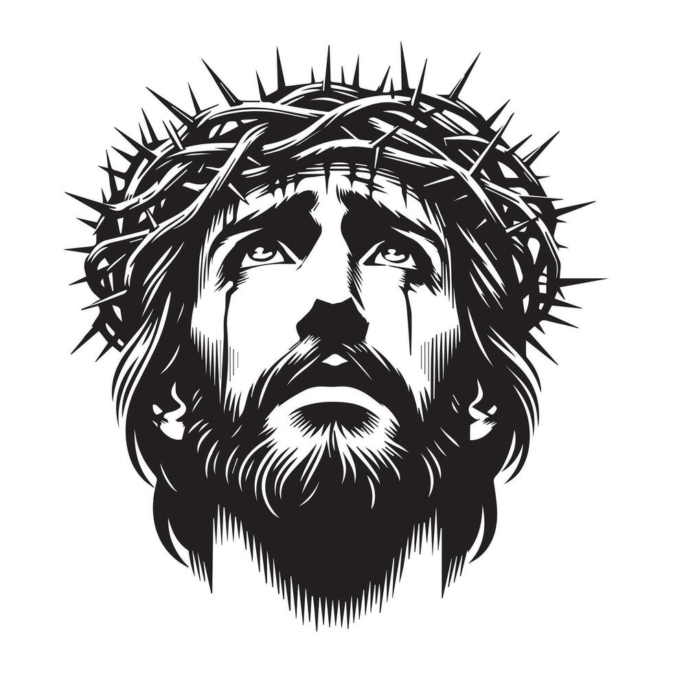 Jesus Heavenward Glance face illustration in black and white vector