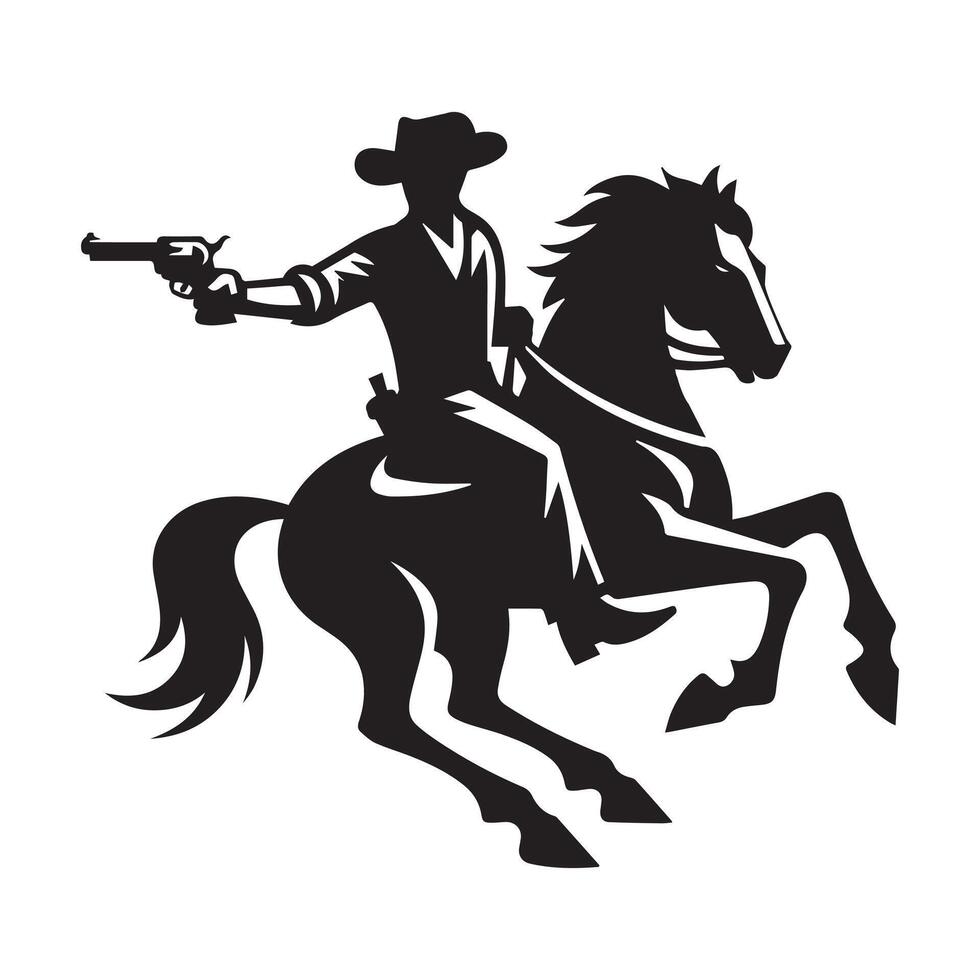 a cowboy on a horse in action mood illustration in black and white vector