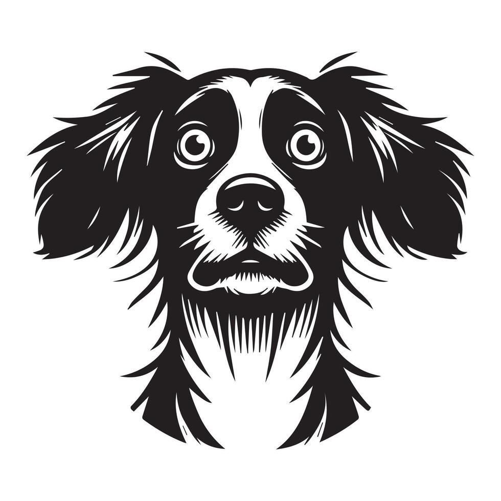 An Anxious Brittany Spaniel dog face illustration in black and white vector