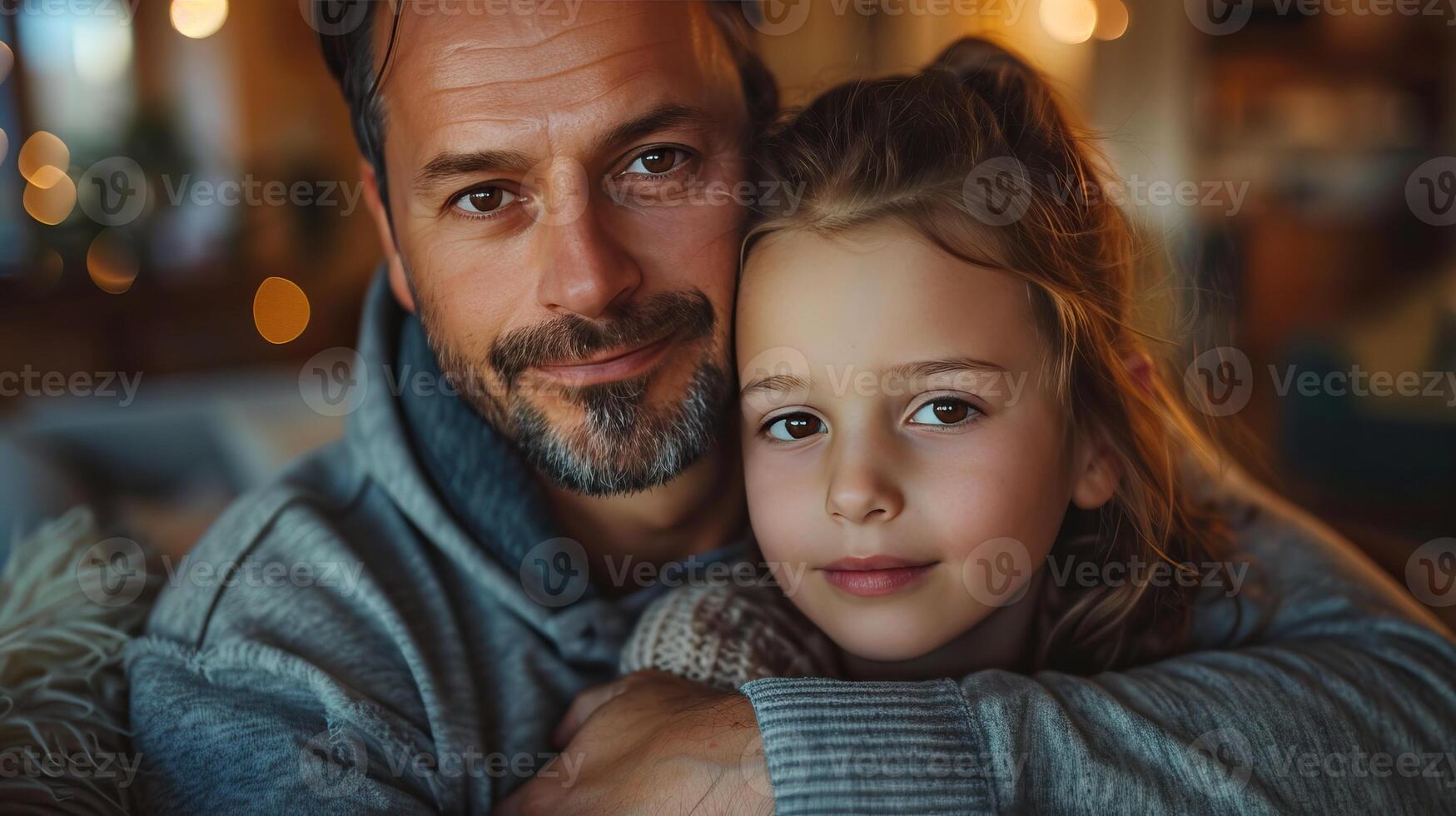 padre y hija son abrazando cada otro. el son sonriente y Mira contento. foto