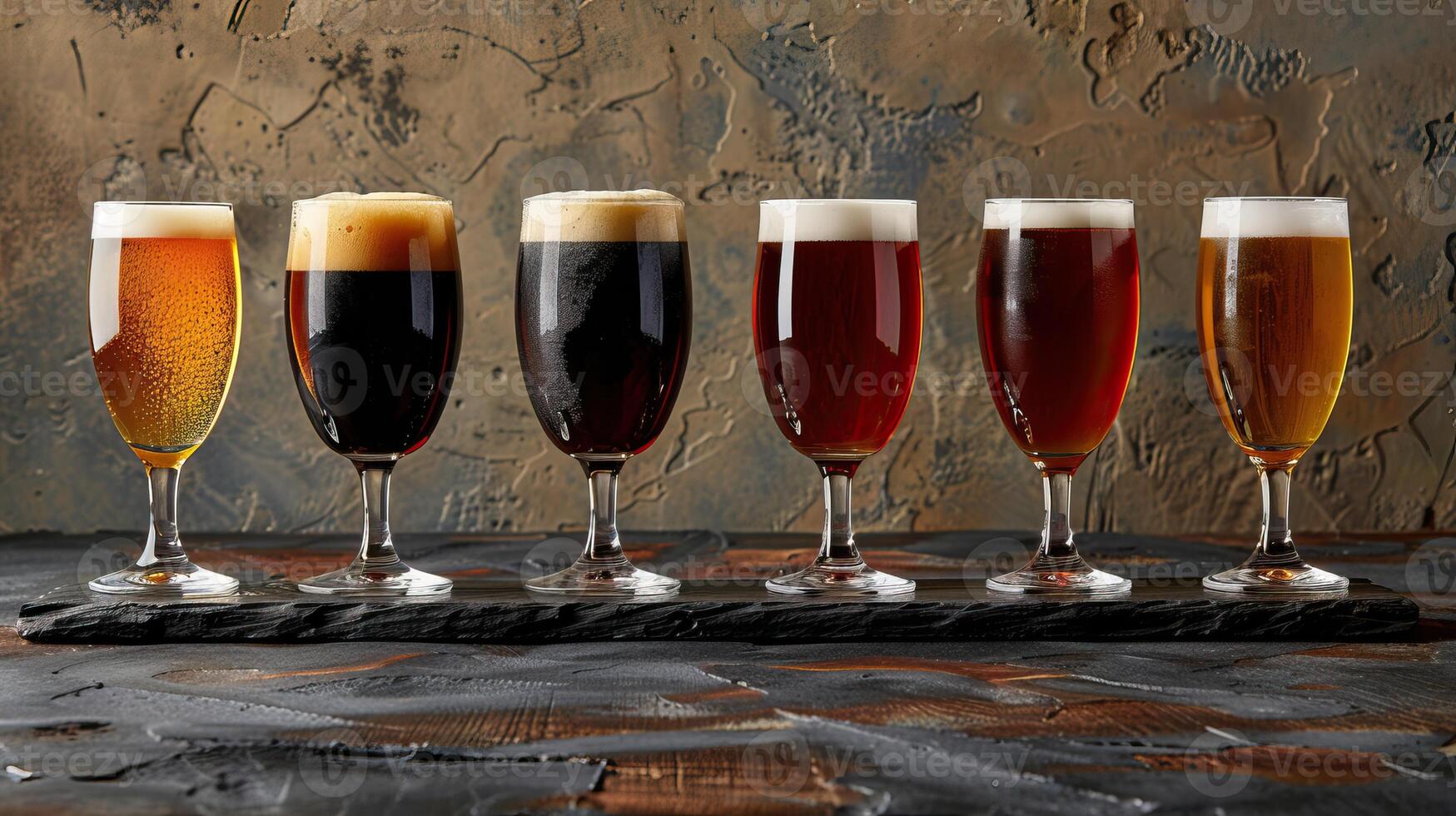 A variety of beers in different glasses on a wooden table. photo