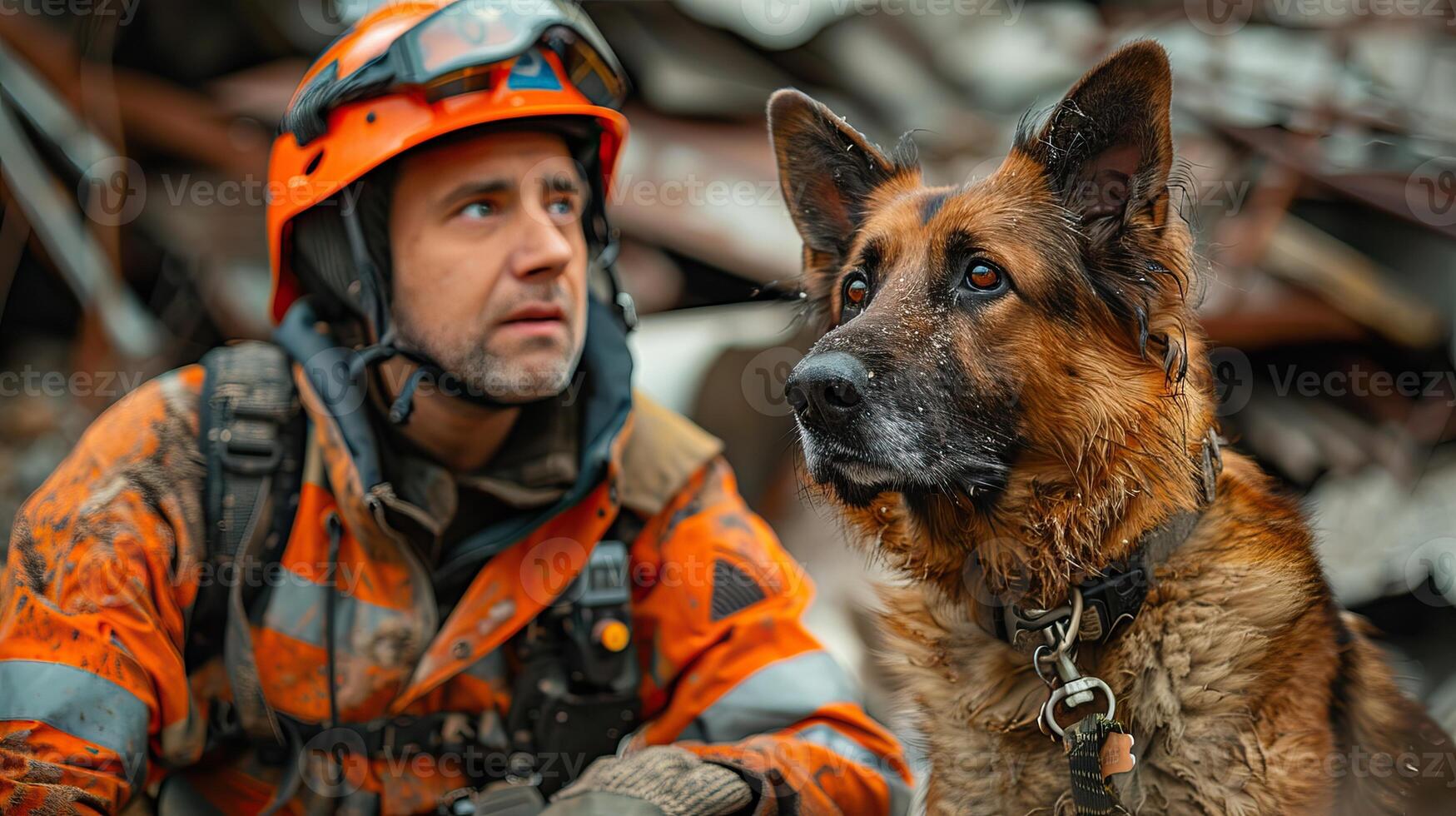 The brave search and rescue dog and his handler search for survivors in the rubble of a collapsed building. photo