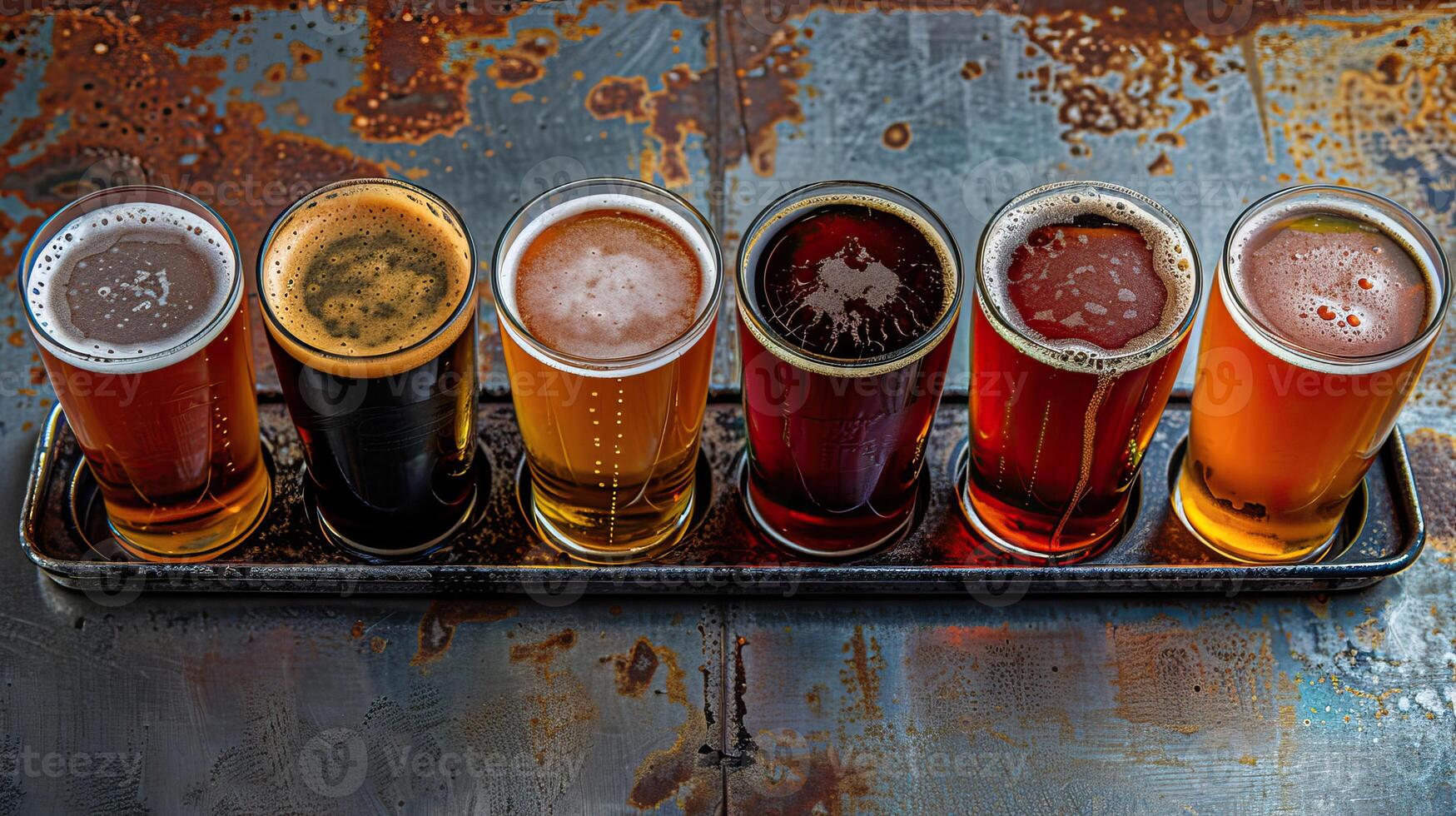 A flight of six beers sits on a metal tray. The beers are all different colors, from light gold to dark brown. photo