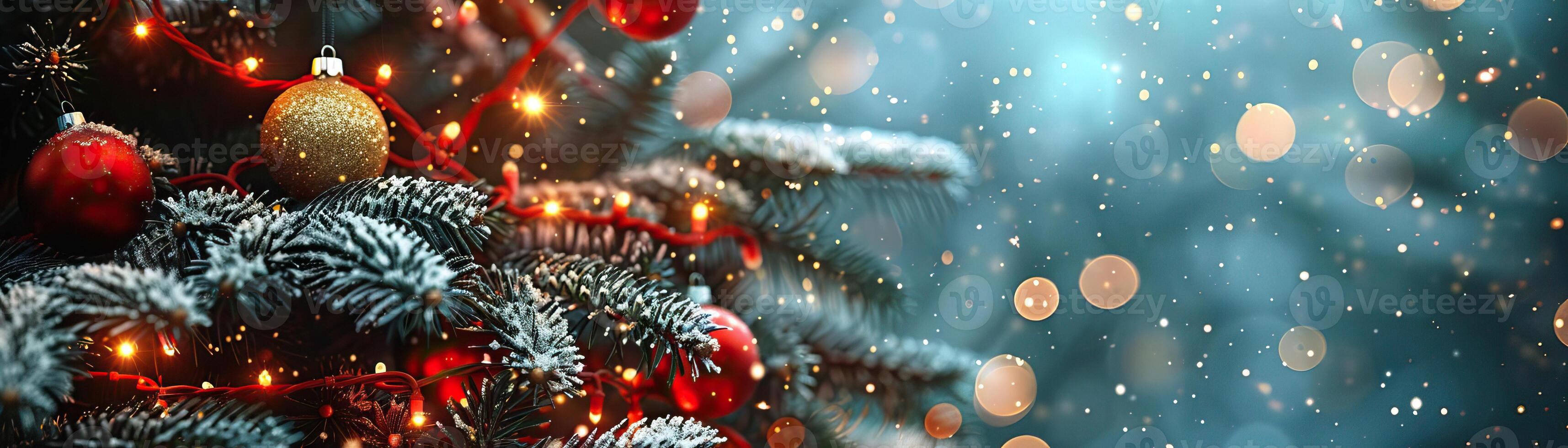 A close-up top view of a Christmas tree adorned with red and gold garland lights, focus on the lights' reflection on the snow, providing a wide, panoramic space for text. photo