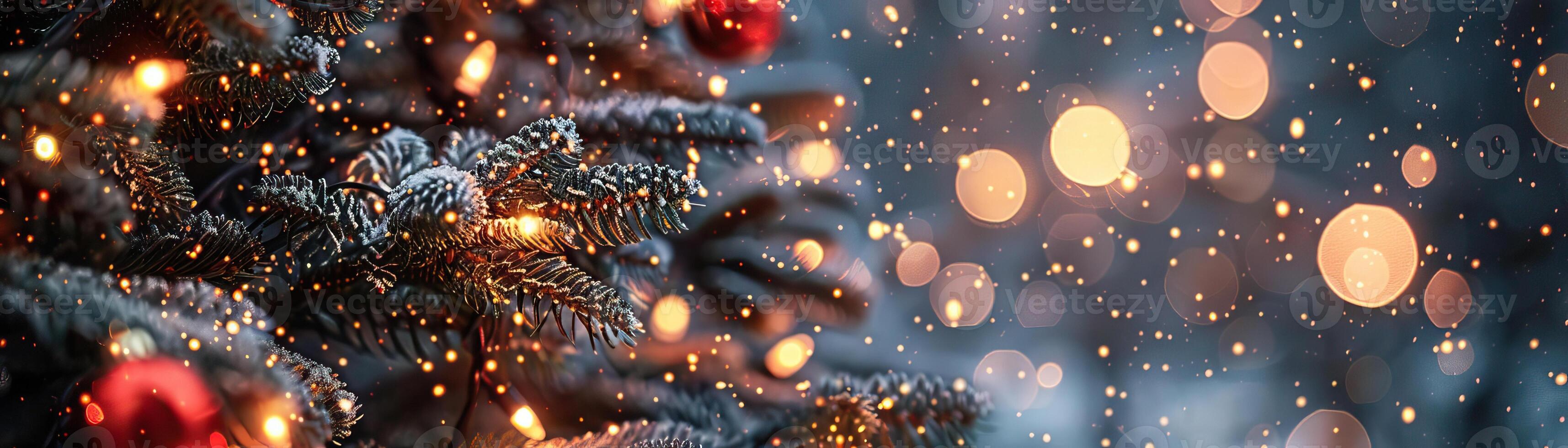 A close-up top view of a Christmas tree adorned with red and gold garland lights, focus on the lights' reflection on the snow, providing a wide, panoramic space for text. photo