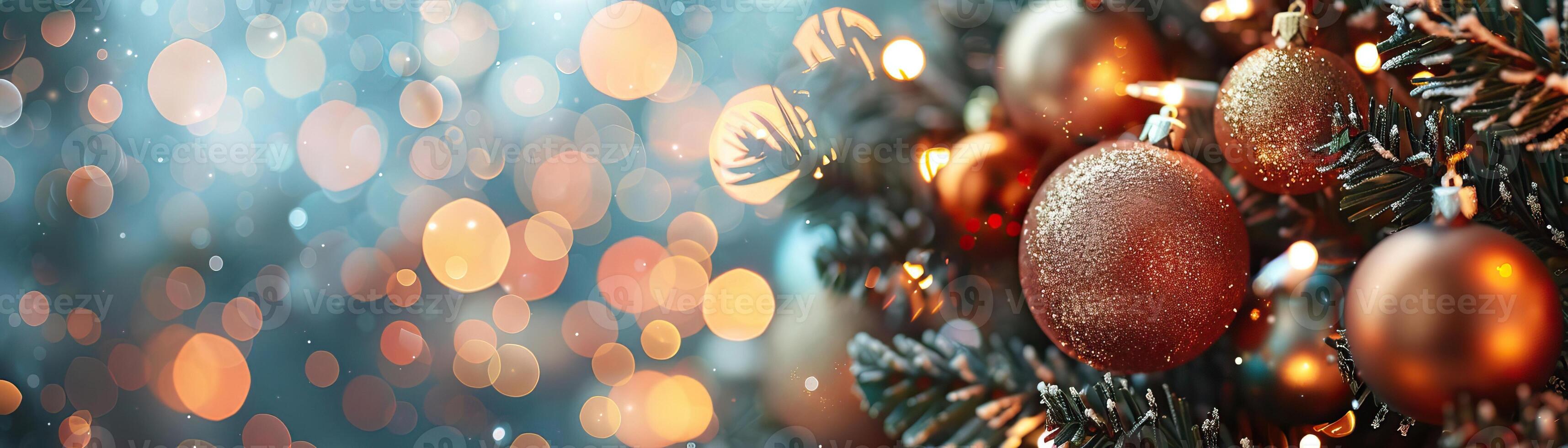 A close-up top view of a Christmas tree decorated with handcrafted baubles, focus on the intricate details with lights creating a blurred bokeh effect in the background, providing photo