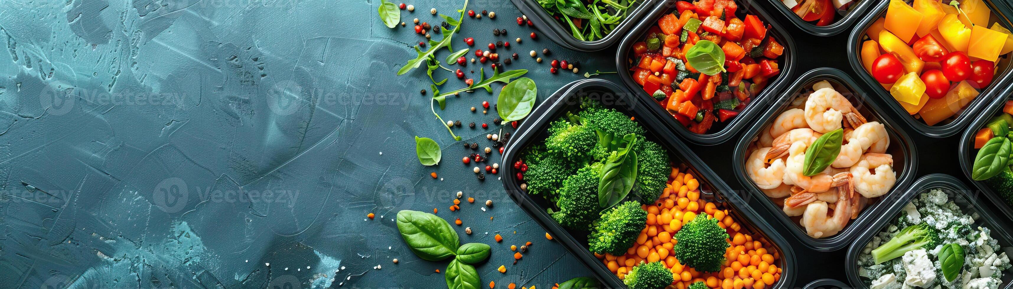 A close-up top view of lunchboxes with low-carb meals, the focus on colorful vegetables and lean proteins, set against a muted, contemporary teal table, providing a wide, panoramic photo