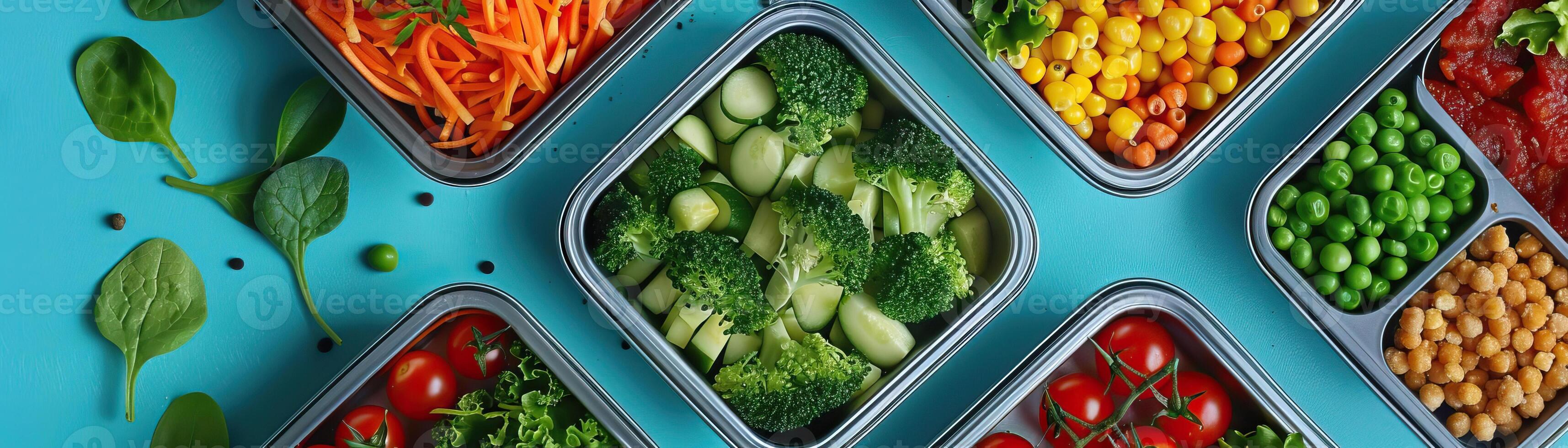 A close-up top view of lunchboxes with low-carb meals, the focus on colorful vegetables and lean proteins, set against a muted, contemporary teal table, providing a wide, panoramic photo