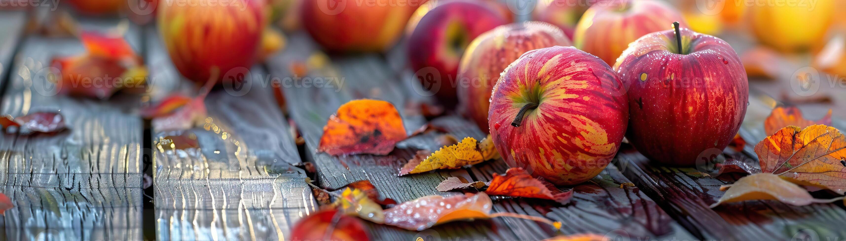 A dynamic angle capturing a festive scene of apples, pumpkins, and autumn leaves spread across a weathered wooden deck, vibrant colors in focus, set against a clean, minimalist bac photo