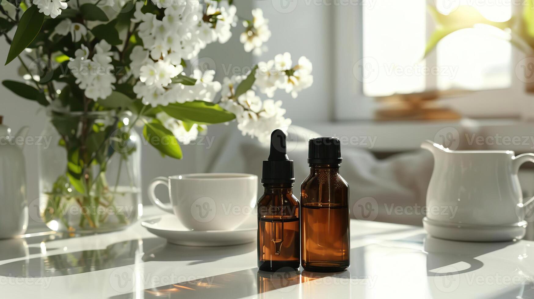 Jars of essential oils in dark glass on the table next to a cup of tea in a bright room with white flowers in a vase in a modern style photo