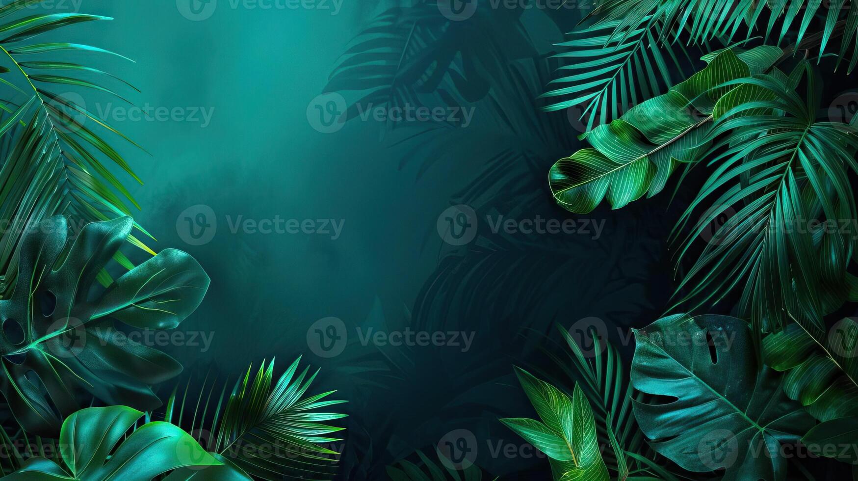cluster of lush, green tropical leaves on the left side and top corner, with space left for text on the right side photo
