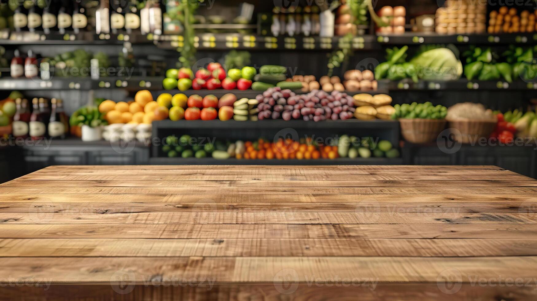 Wooden tabletop set against the engaging backdrop of a grocery store, highlighting an array of fresh produce and goods, suitable for commercial use photo