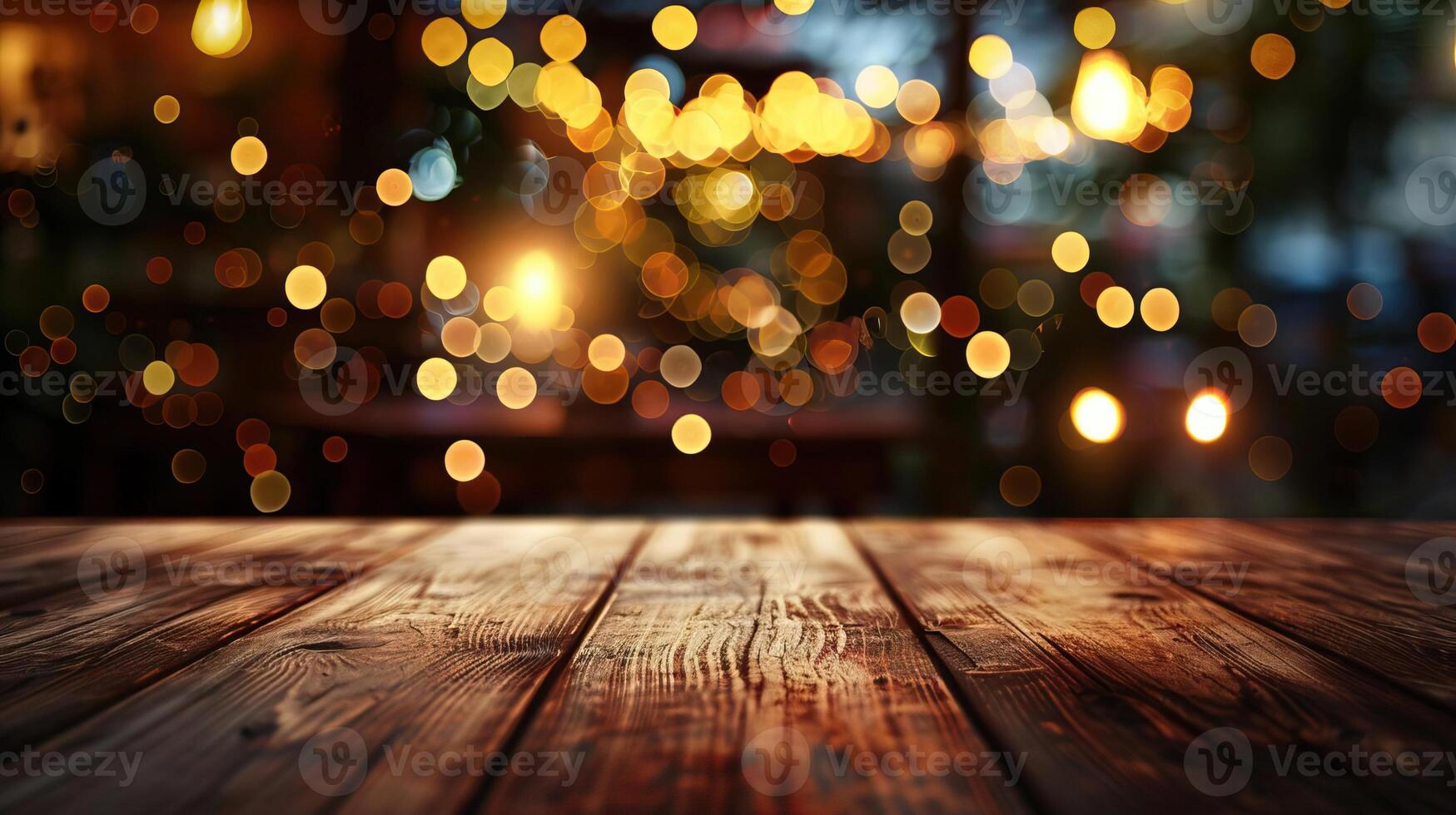 Warm wooden table surface with a soft bokeh effect from restaurant lights in the background, suitable for food and dining presentations photo