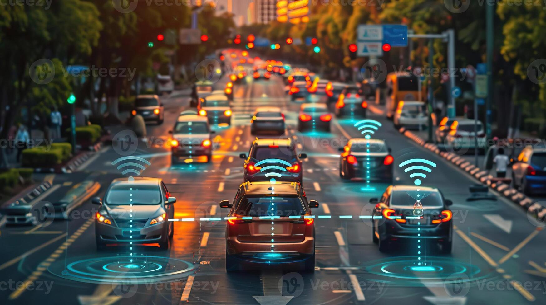 Autonomous vehicles on a smart city street in front view Cars communicating with city infrastructure photo