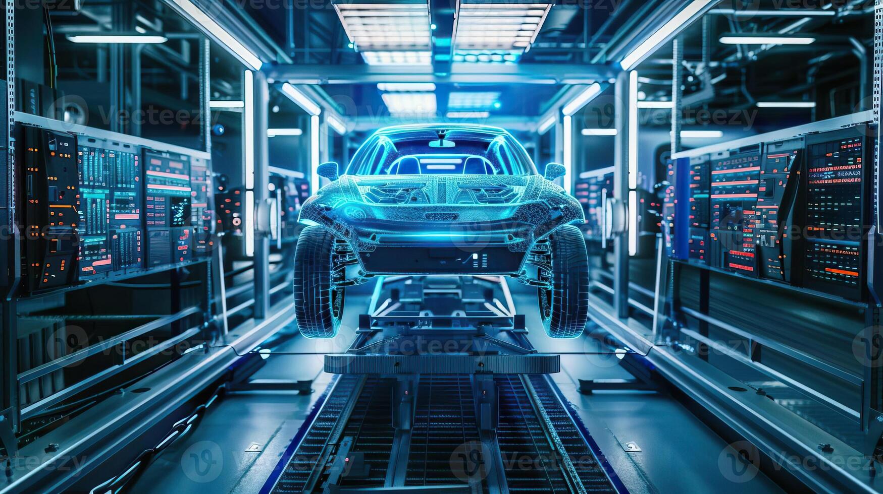 Automated testing of car electronics from front view Precision testing of automotive electronics, emphasizing reliability in futuristic tone with a Complementary Color Scheme photo