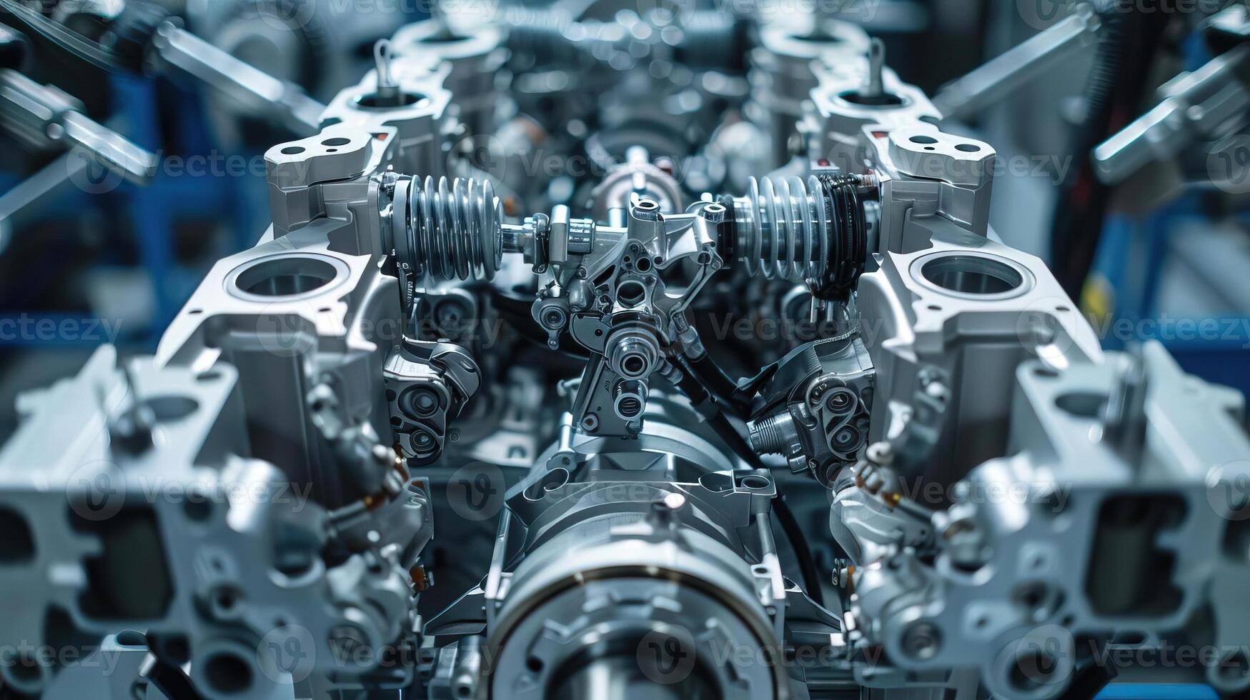 Closeup of robotic arms assembling car engines in front view Highlighting precision mechanics in technology tone with a Monochromatic Color Scheme photo