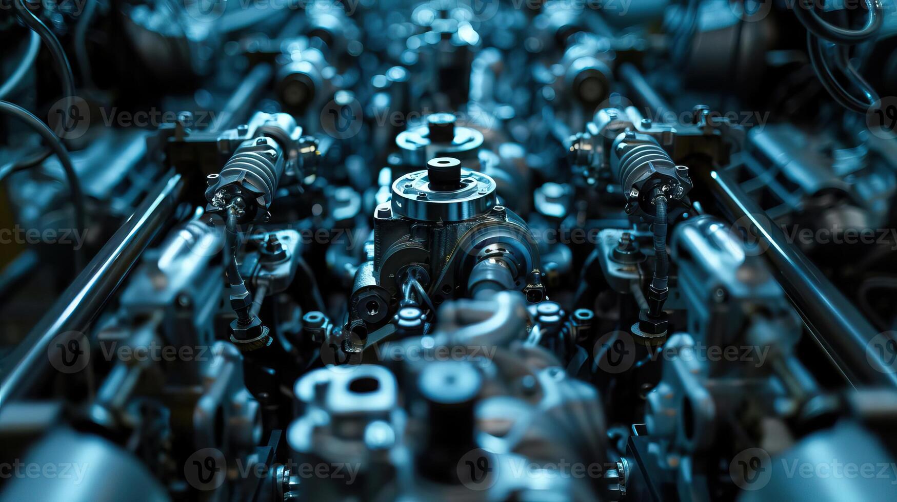 Closeup of robotic arms assembling car engines in front view Highlighting precision mechanics in technology tone with a Monochromatic Color Scheme photo