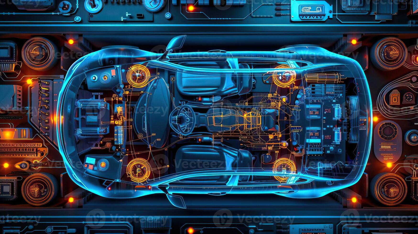 Automated testing of car electronics from front view Precision testing of automotive electronics, emphasizing reliability in futuristic tone with a Complementary Color Scheme photo