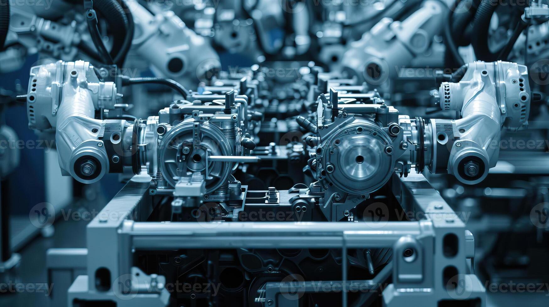 Closeup of robotic arms assembling car engines in front view Highlighting precision mechanics in technology tone with a Monochromatic Color Scheme photo