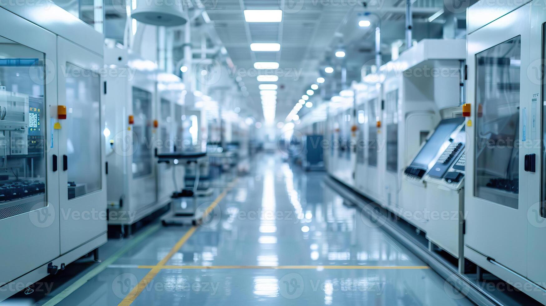 Semiconductor factory panorama in front view Rows of machinery producing electronics, illustrating scale in robotic tone with a Splitcomplementary color scheme photo