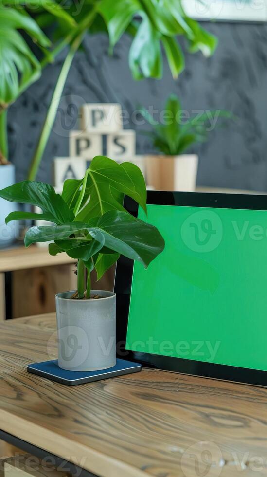 tablet with a green screen propped up against a visually pleasing pot plant sitting on a wooden modern table photo