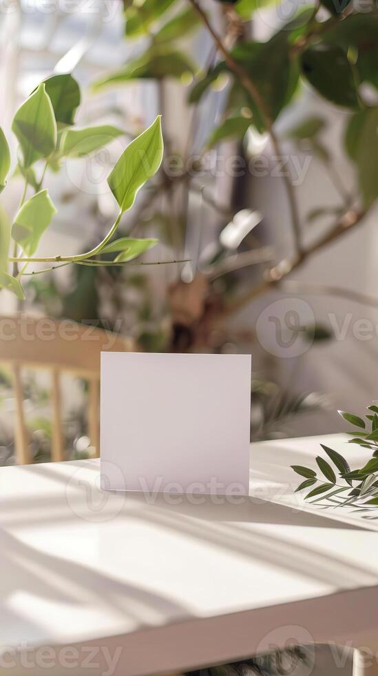 a greeting card on a table, simple white room, nature vibes for a mock up photo