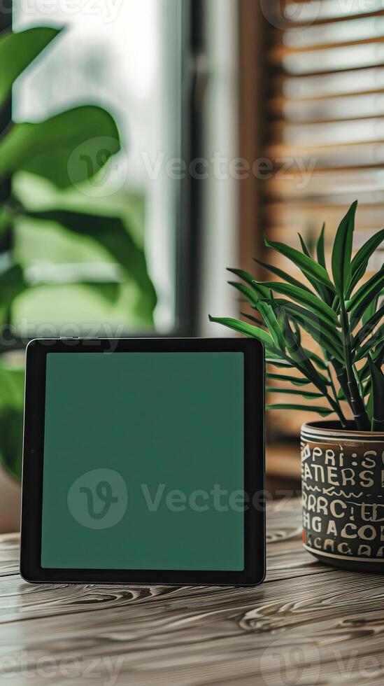 tablet with a green screen propped up against a visually pleasing pot plant sitting on a wooden modern table photo